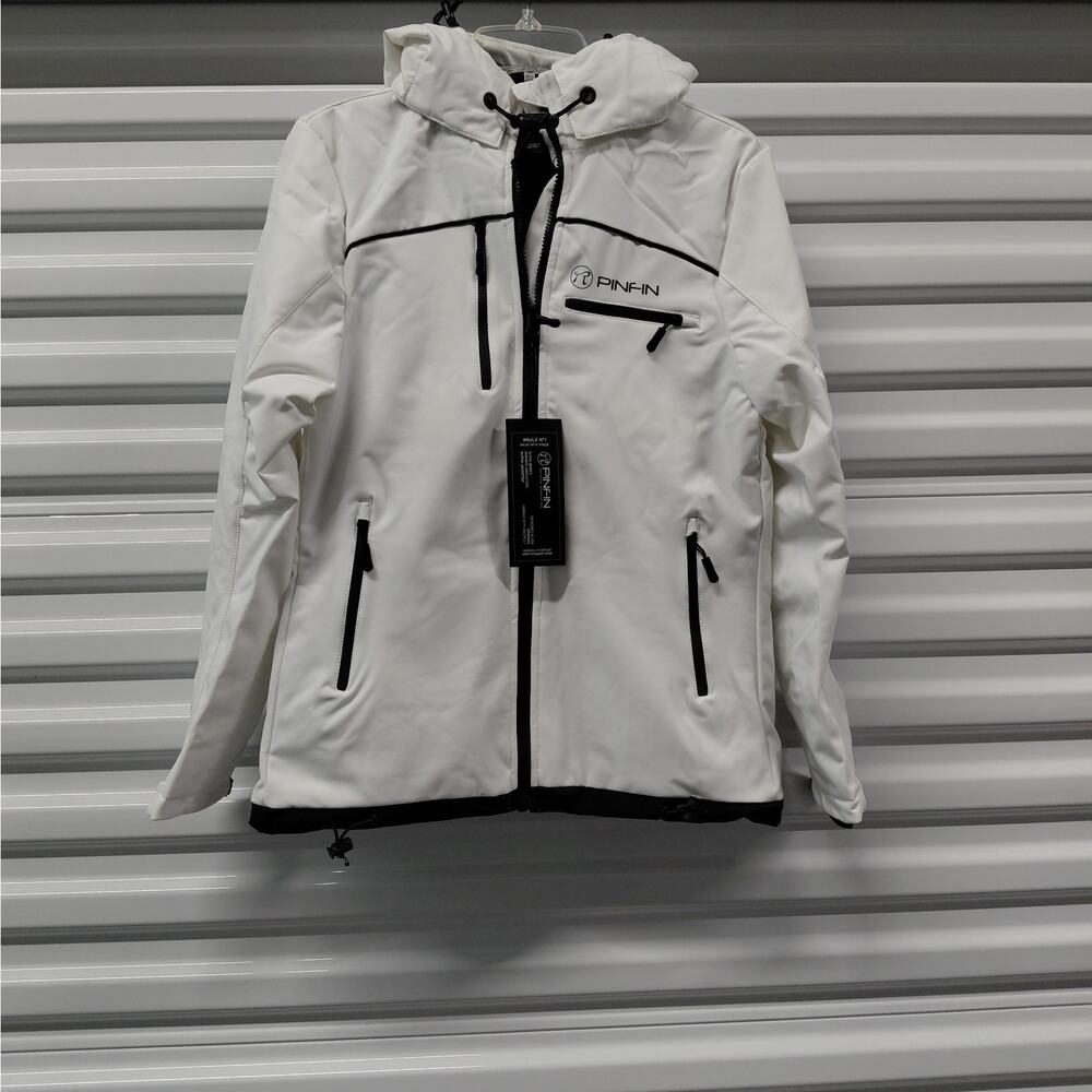 PinFin Womens Hooded Windbreaker Jacket Sz Medium White Outdoor Hiking Rain Coat